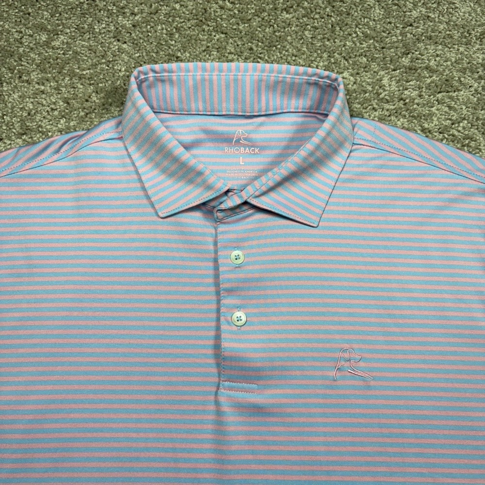 Rhoback Mens Large Blue Pink Striped Performance Short Sleeve Golf Polo Shirt